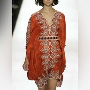 BCBGMaxazria Runway Collection 100% silk rust embroidered mini dress fall tie